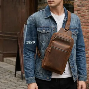 Close-up of vintage brown crazy horse leather bag with high-quality grain texture