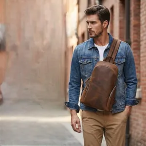 Detail of dark brown crazy horse leather bag showing retro texture and versatile carrying modes
