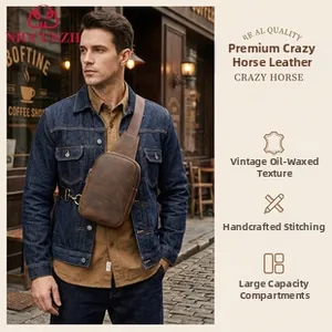 Detailed view of brown crazy horse leather crossbody bag featuring hand-stitched craft