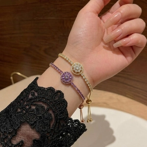 Rotating Sunflower Adjustable Bolo Bracelet Copper Gold Plated Purple White Cubic Zirconia Sparkling Flower Jewelry Women