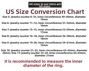 Detailed size chart for vintage heart rings showing US sizes 5-11 with inner diameters
