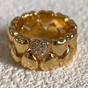 Vintage 18k gold plated double layer heart ring with sparkling crystal pavé stones