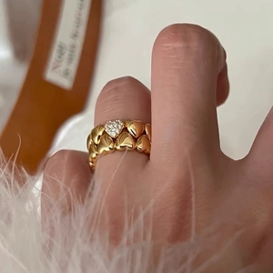 Vintage 18K Gold Plated Double Layer Heart Shaped Ring For Women Rhinestone Inlaid Copper Stackable Index Finger Ring Jewelry