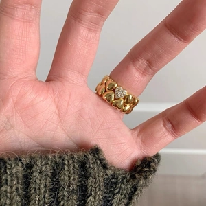 Vintage 18k gold plated double heart ring with pave zircon crystals on finger