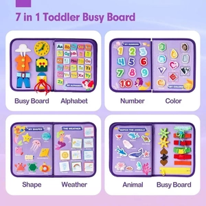 Detailed views of 7-in-1 purple toddler busy board for early childhood skill development
