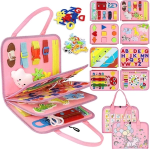 Pink felt busy board toy for kids educational motor skills development with alphabets
