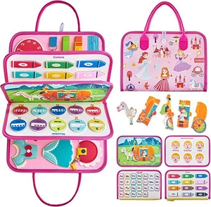 Detail view of pink princess felt busy board with letters and sensory learning modules