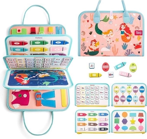 Detailed view of mermaid busy board featuring alphabet, shapes and motor skill buckles