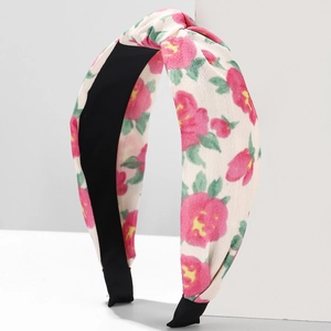 Floral knot wide headband with vintage pink roses and green leaves on beige fabric