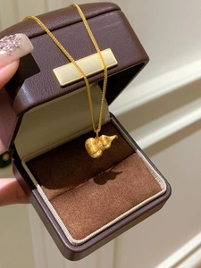 Macro detail of golden wulu pendant with matte finish and crystals in a jewelry box