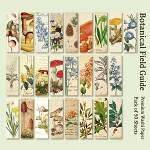 Vintage botanical and mushroom washi stickers set for DIY scrapbooking, 50 sheets