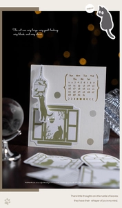 Retro cat silhouette stickers for scrapbooking featuring calendar elements and moonlit scenes