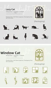 Detailed close-up of cat silhouette sticker sets with 10 patterns on writing paper
