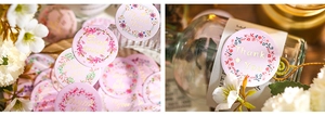 Macro shot of pink floral wreath stickers for gift sealing and packaging decoration