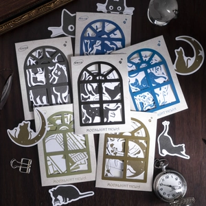 Moonlight Helia vintage cat stickers with hollow window frames for scrapbooking