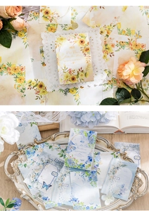 Close-up of vintage floral sticky notes for journaling with retro lace and silver decor