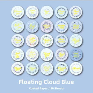 Detailed grid of 50 blue floral wreath stickers featuring Thank You and Best Wishes text