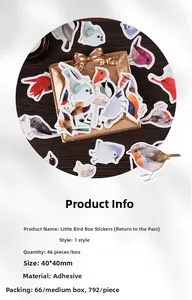 Macro shot of 46pcs watercolor bird stickers with self-adhesive material in a gift box