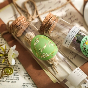 Vintage glass test tubes with dried flowers and Thank You stickers for gift decoration