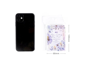 Detail view of vintage purple floral notepad set showing 100x68mm size scale