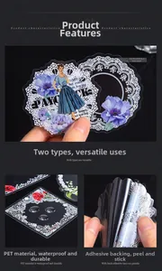 Dettaglio macro di adesivi PET impermeabili con motivi floreali trasparenti e retro adesivo