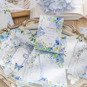 Retro hydrangea floral series scrapbook paper set with vintage blue lace and butterfly motifs