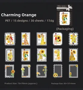 Dettaglio di 30 adesivi PET retrò in pizzo con girasoli e motivi vintage classici