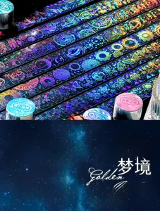 Detail of laser silver PET tape featuring iridescent galaxy, floral, and butterfly patterns