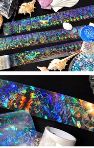 Detailed holographic laser PET tape featuring marine patterns and shimmering metallic effects