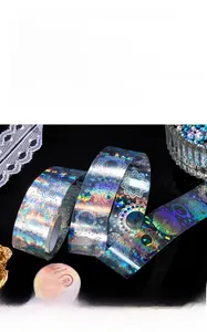 Macro detail of PET decorative tape featuring laser silver and shell light shell finish