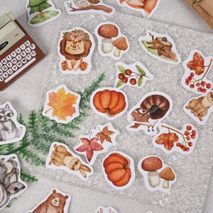 Forest animals DIY sticker set with lion, squirrel and autumn leaves pattern decoration