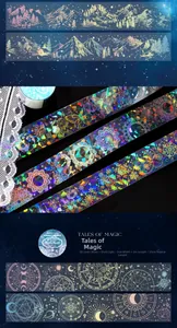 Detail of PET tape with 3D laser silver effects featuring magic and star patterns