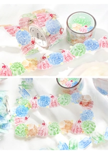 Détail du ruban adhésif PET translucide avec motifs de desserts et cadres colorés