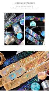 Macro shot of shimmering PET tape with silver laser butterfly and moon patterns