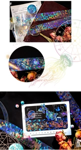 Detail of laser silver PET tape with butterfly and astrology motifs in vintage style