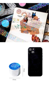 Detail of laser silver PET tape featuring iridescent butterfly and floral motifs
