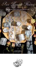 Close-up of vintage flower PET tape with silver foil stamping on dark stone tray