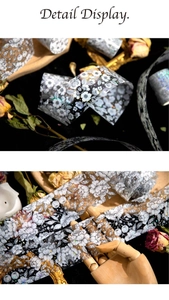 Detail display of PET decorative tape with silver foiled floral patterns for DIY scrapbooking