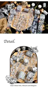 Macro detail of PET tape with silver foil flower patterns and vintage floral aesthetics