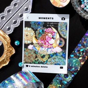 Luminous laser silver PET tape featuring anime girl and mandala patterns for journaling