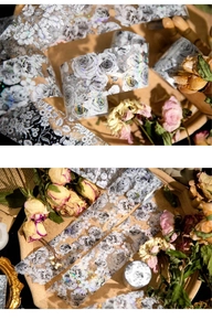 Detail of PET floral tape with silver foil roses and laser holographic effect