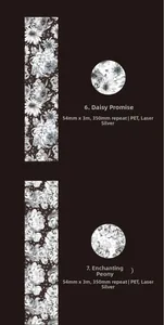 Macro detail of laser silver PET floral tape with daisy and peony patterns for DIY crafts