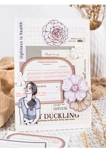 Detail of vintage floral collage paper stickers with retro illustrations for journaling