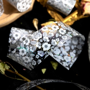 Vintage Floral PET Tape With Holographic Silver Hot Stamping Decorative Washi Tape For Scrapbooking DIY Journaling Collage