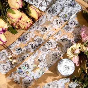 Retro PET tape featuring silver-stamped floral sketches and elegant rose patterns