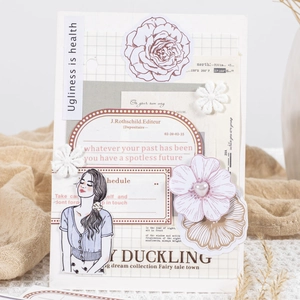 Retro DIY scrapbook paper set with vintage labels and floral patterns for journaling