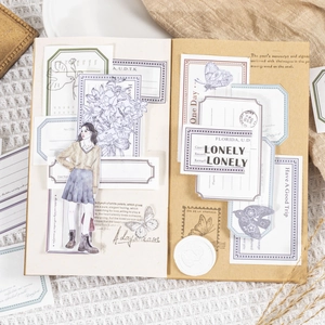 Vintage scrapbooking material set with stickers and paper frames for journaling