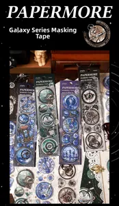 Detailed view of PaperMore vintage galaxy theme stickers with astronomical and clock elements