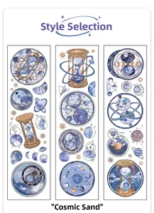 Detail showing vintage universe PET tape with planets, hourglass and cosmic gold foil patterns