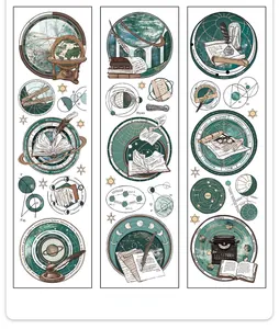Detail showing vintage science stickers with Jupiter orbit and celestial maps in teal color